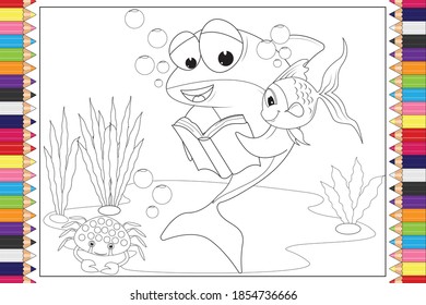 coloring cute fish animal cartoon for kids, simple vector illustration