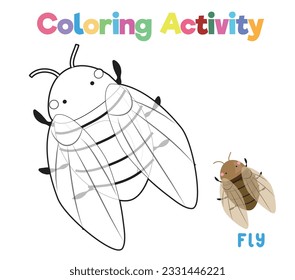 Coloring a cute fly. A colouring page of the insect. Coloring activity for preschool and kindergarten children. Printable educational printable coloring worksheet. Vector file.