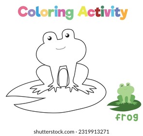 Coloring the cute frog standing on the lotus leaf. Coloring activity for preschool and kindergarten children. Printable educational printable coloring worksheet. Vector illustration file.