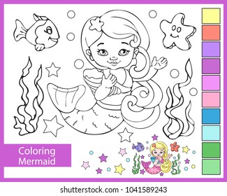 Coloring with cute funny Mermaid. Children's arts game. Entertainment for children. Paint drawing contour for coloring. Linear image cartoon sea fish and star and princess. Vector illustration.