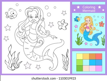 Coloring with cute funny Mermaid. Childrens arts game. Kids activity page for book. Paint drawing contour for color. Linear image cartoon sea princess. Vector illustration.