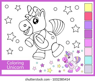 Coloring with cute funny unicorn. Children's arts game. Entertainment for children. Paint drawing contour for coloring. Linear image cartoon unicorn horse. Vector illustration.