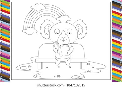 coloring cute koala reading a book animal cartoon for kids, simple vector illustration