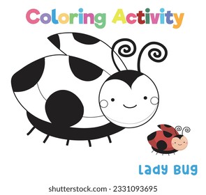 Coloring a cute ladybug. A colouring page of the insect. Coloring activity for preschool and kindergarten children. Printable educational printable coloring worksheet. Vector file.
