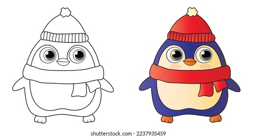 Coloring cute penguin new year, clipart new year penguin, vector illustration penguin in a cap