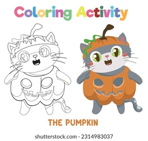 Coloring the cute pumpkin kitten for Halloween costume party. Coloring book with Halloween theme. worksheet page. Coloring activity page for kids. Printable coloring worksheet. Vector file