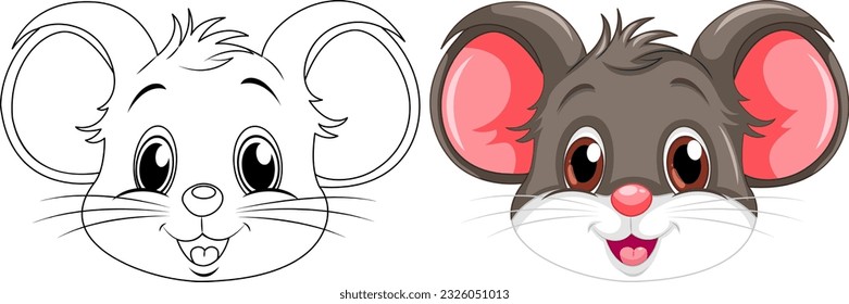 Coloring cute rat cartoon and its colour illustration