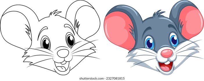 Coloring cute rat cartoon and its colour illustration