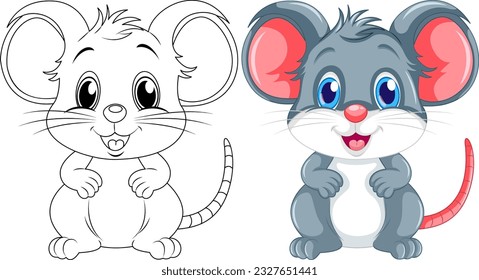 Coloring cute rat cartoon and its colour illustration