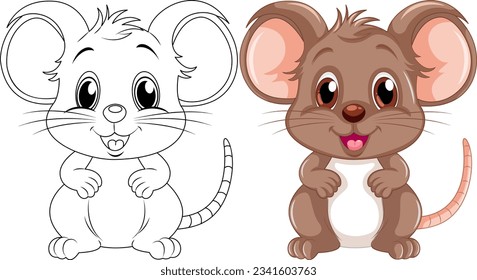 Coloring cute rat cartoon and its colour illustration