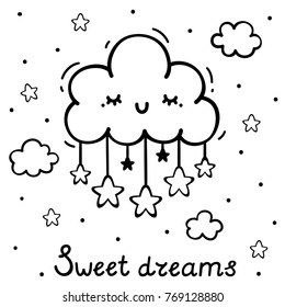 Coloring with cute sleeping cloud, vector.