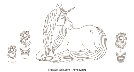 Coloring with a cute sleeping fairy unicorn and flowers