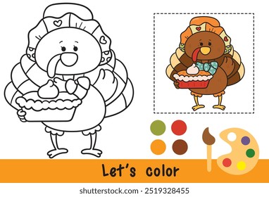 Colorear Pavo lindo de acción de gracias con pastel de calabaza. Series: Páginas de actividades para niños Kawaii animal (dibujos animados de pájaros) Festival de la cosecha. Temporada Otoño bebé otoño niño. Perfecto para pedir un deseo para la fiesta infantil.