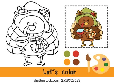 Colorear Pavo lindo de acción de gracias con vino tinto. Series: Páginas de actividades para niños Kawaii animal (dibujos animados de pájaros) Festival de la cosecha. Temporada Otoño bebé otoño niño. Perfecto para pedir un deseo para la fiesta infantil.