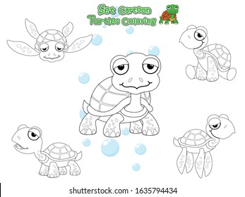 Coloring the Cute Turtles Cartoon Set. Educational Game for Kids. Vector illustration With Cartoon Happy Animal