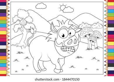 coloring cute wild boar animal cartoon for kids, simple vector illustration