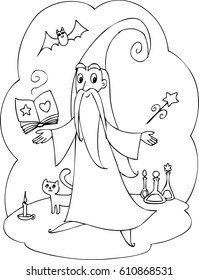 Coloring cute Wizard with wand and book. Vector.