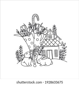 Coloring design for children and adults with the image of spring, summer. Easter, bunnies, umbrella, house, flowers and more. Hand drawn line vector illustration.