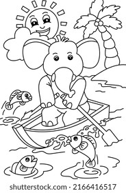 Coloring design with cute elephant on a boat for kids coloring page Vector 
