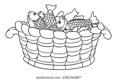 Coloring design with handmade basket full of fish in outlines over white background.