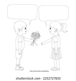 Coloring and dialogue writing activity for preschoolers. Vector design.