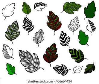 Coloring, different leaves. Zentangle. Element, black and white, green. Set. Vector illustration eps.10. Isolated