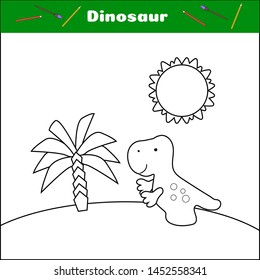 Coloring with dino. Print this page. Dinosaur, palm and sun. A simple worksheet for preschoolers. Tyrannosaurus cartoon character. Funny prehistoric animal. Educational card. vector illustration.