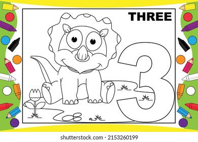 coloring dinosaur cartoon with number for kids