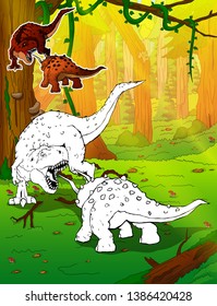 Coloring dinosaurs. Tyrannosaurus Rex vs Triceratops. Coloring for kids.