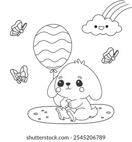 coloring dog, balloon, butterfly black and white line style