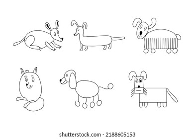 Coloring dogs of different breeds are drawn in doodle style. Set of simple vector illustrations for kids