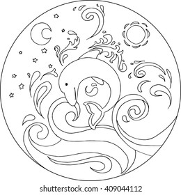 Coloring dolphin jumping out of the water with moon and sun. Vector animal mandala.