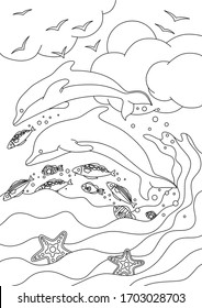 COLORING WITH DOLPHINS AND OCEAN FISH ON THE WAVES AMONG THE CLOUDS IN VECTOR