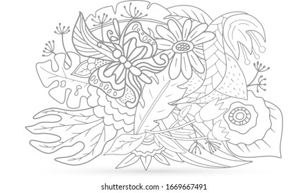 Farbige Schmetterlinge mit Blume, Blatt, Gras. Skizzierende Kinder handgezeichnete Strickzeilenkunst. Vektorillustration 