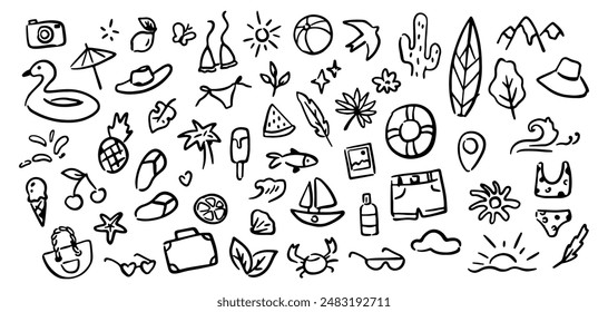 Coloring doodle with summertime and vacation drawings. Vector isolated set of icons, nature and tropical fruits. Beach surfing board, waves and location pointer. Hat and lifebuoy, cherries and crab