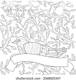 Coloring of a dove in the branches of trees.The pigeon is sitting in the bushes and there is an empty place for the inscription in the ribbon. Bird with a ribbon in leaves coloring doodle. 
