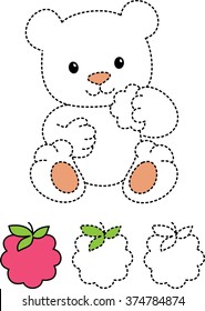 Coloring. Draw on points. Bear eats raspberries.