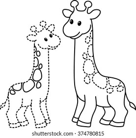 Coloring. Draw on points. Cartoon giraffes.