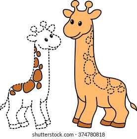 Coloring. Draw on points. Cartoon giraffes.
