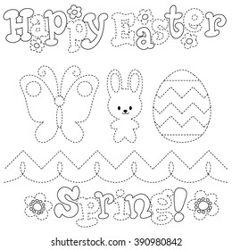 Coloring. Draw on points. Happy Easter. Vector cartoon illustration. Bunny, butterfly, egg, flower, text.