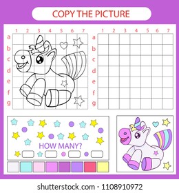 Coloring with drawing lesson. Repaint the picture funny unicorn using grid lines. Children education riddle entertainment and amusement. Kids drawing art game. Vector illustration.