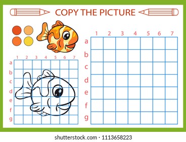 Coloring with drawing lesson. Repaint the picture fish using grid lines. Copy the picture for children. Kids drawing art game. Activity page for book. Vector illustration.