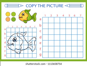 Coloring with drawing lesson. Repaint the picture sea fish using grid lines. Copy the picture for children. Kids drawing art game. Activity page for book. Hobby courses. Vector illustration.