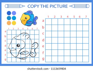 Coloring with drawing lesson. Repaint the picture cute fish using grid lines. Copy the picture for children. Kids drawing art game. Activity page for book. Hobby courses. Vector illustration.