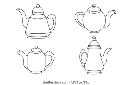 Coloring drawing of a teapot. Several forms of teapot. For children's coloring books