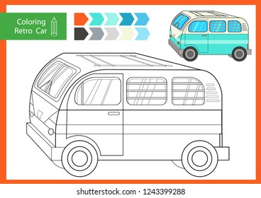 Coloring with drawn a retro camping bus. Drawing worksheets for children. Children funny picture riddle. Coloring page for kids. Drawing lesson. Activity art game for book. Vector illustration.