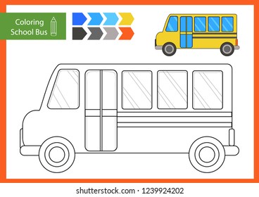 Coloring with drawn a school bus. Drawing worksheets for children. Children funny picture riddle. Coloring page for kids. Drawing lesson. Activity art game for book. Vector illustration.