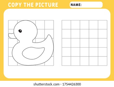 Coloring  Duck. Educational Game for Kids. Copy the picture.  Illustration and vector outline - A4 paper ready to print.