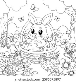 Coloring Easter bunny with a basket. For children's creativity, prints and embroidery. Vector illustration.
