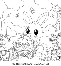 Coloring Easter bunny with a basket. For children's creativity, prints and embroidery. Vector illustration.